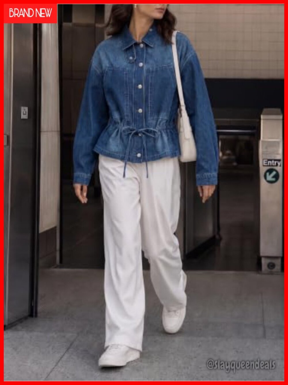 Drawstring Denim Jacket Button Down Collared Shacket - Picture 4 of 6